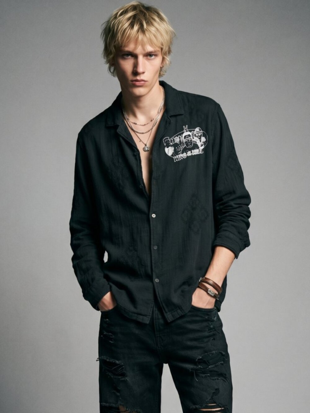 Zara Men Black Cotton Muslin Long Sleeve Shirt XL Grunge Graphic Print